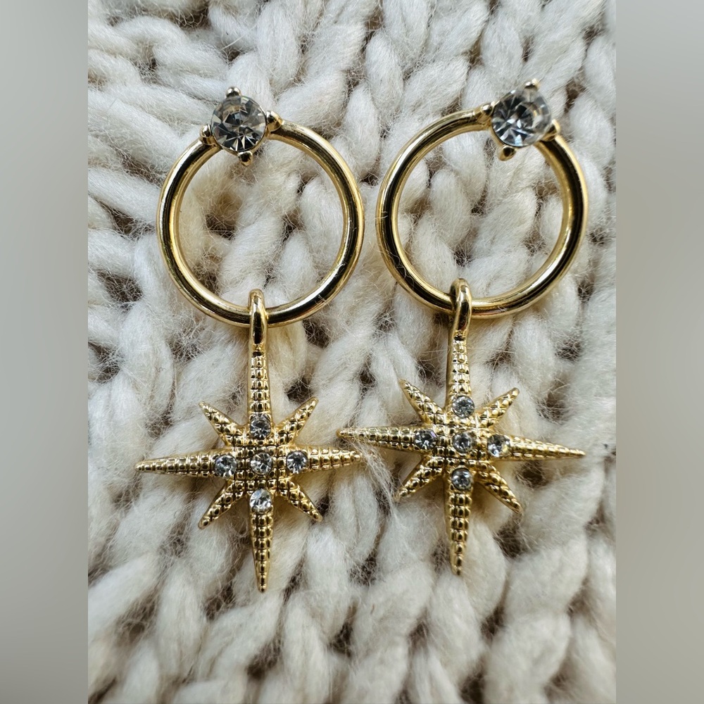 Gold-Tone Starburst Dangle Earrings with Rhinestones